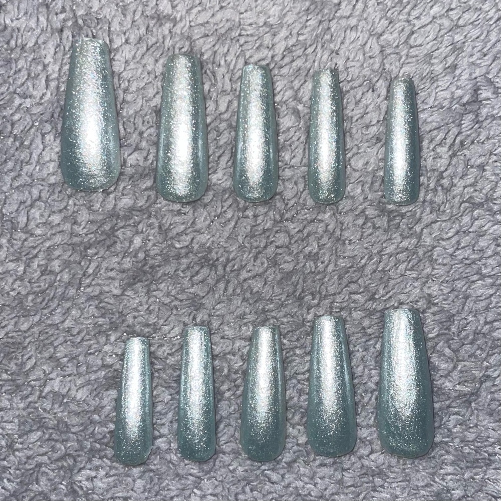 Set of Long Sparkly Icy Blue Reusable Press On Nails in a Coffin/Ballerina Shape